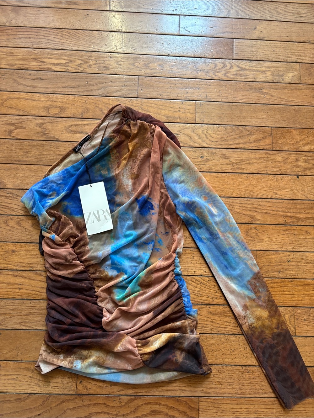 ZARA Multicolor One-Shoulder Long Sleeve Ruched Top - Blue & Brown